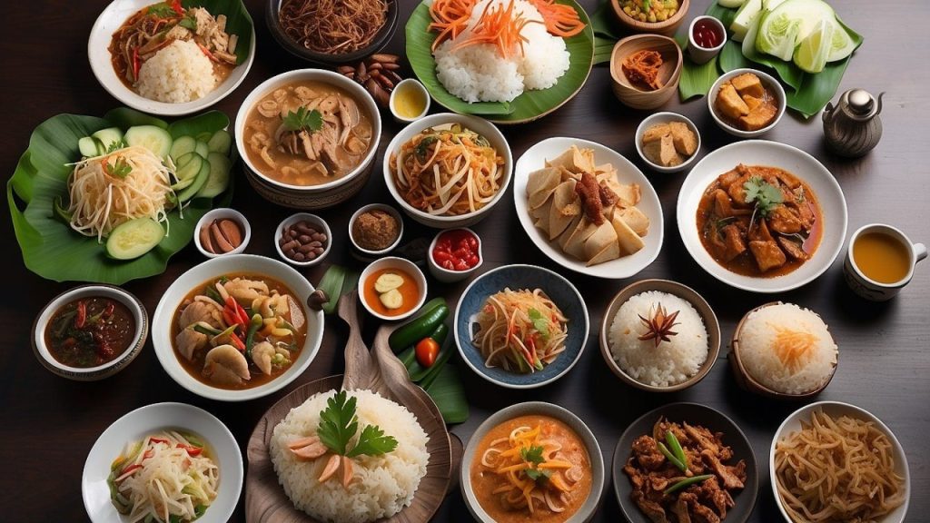 Asian street food market with traditional dishes